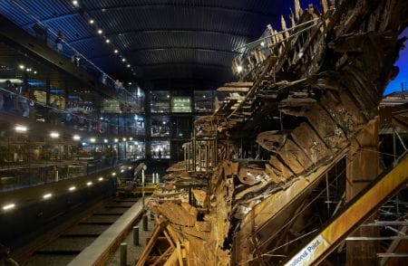 Original hull of the Mary Rose from inside the protective glass