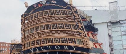 Stern view of HMS Victory in Portsmouth Historic Dockyard